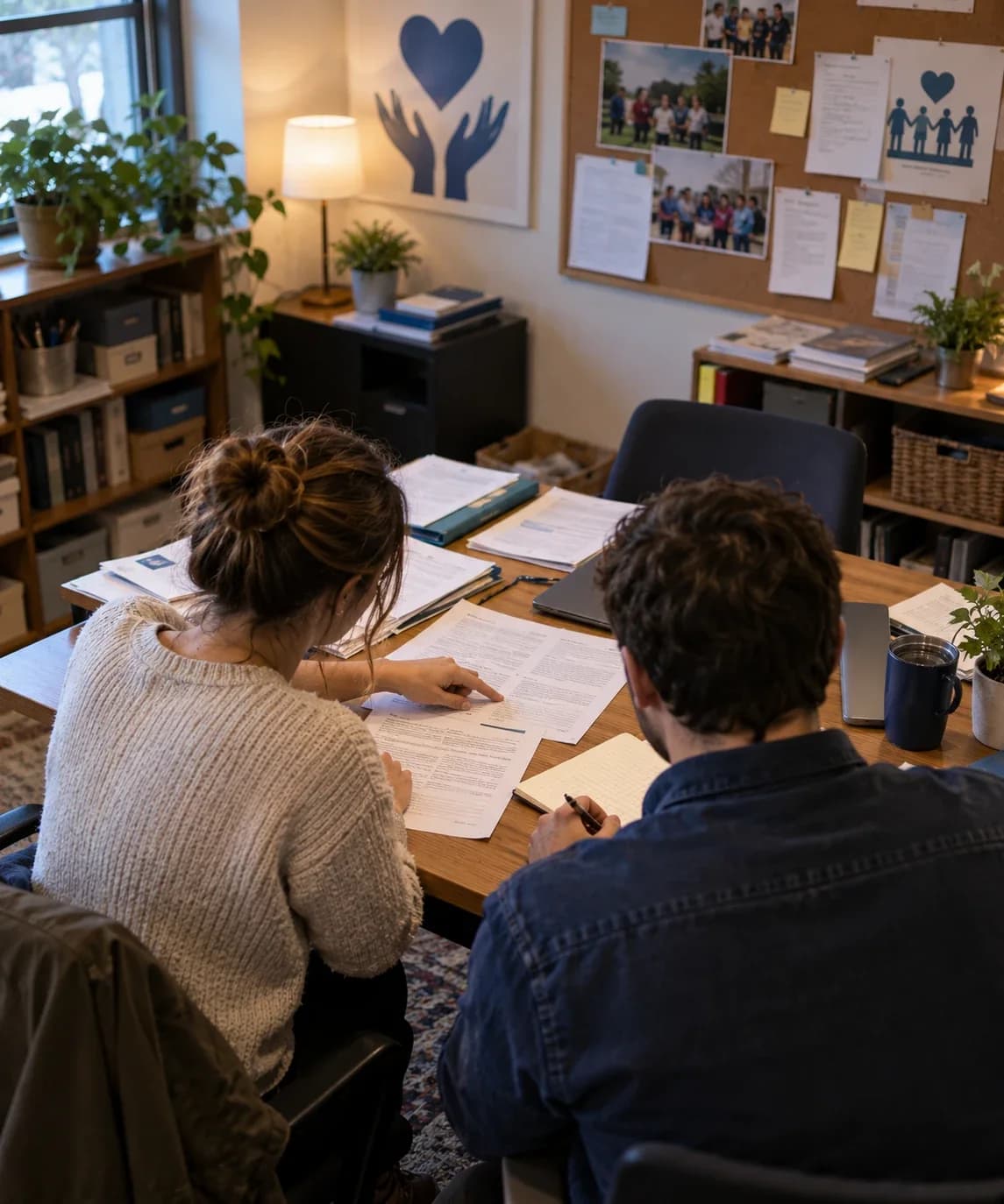 Staff at a small nonprofit reviewing paperwork together
