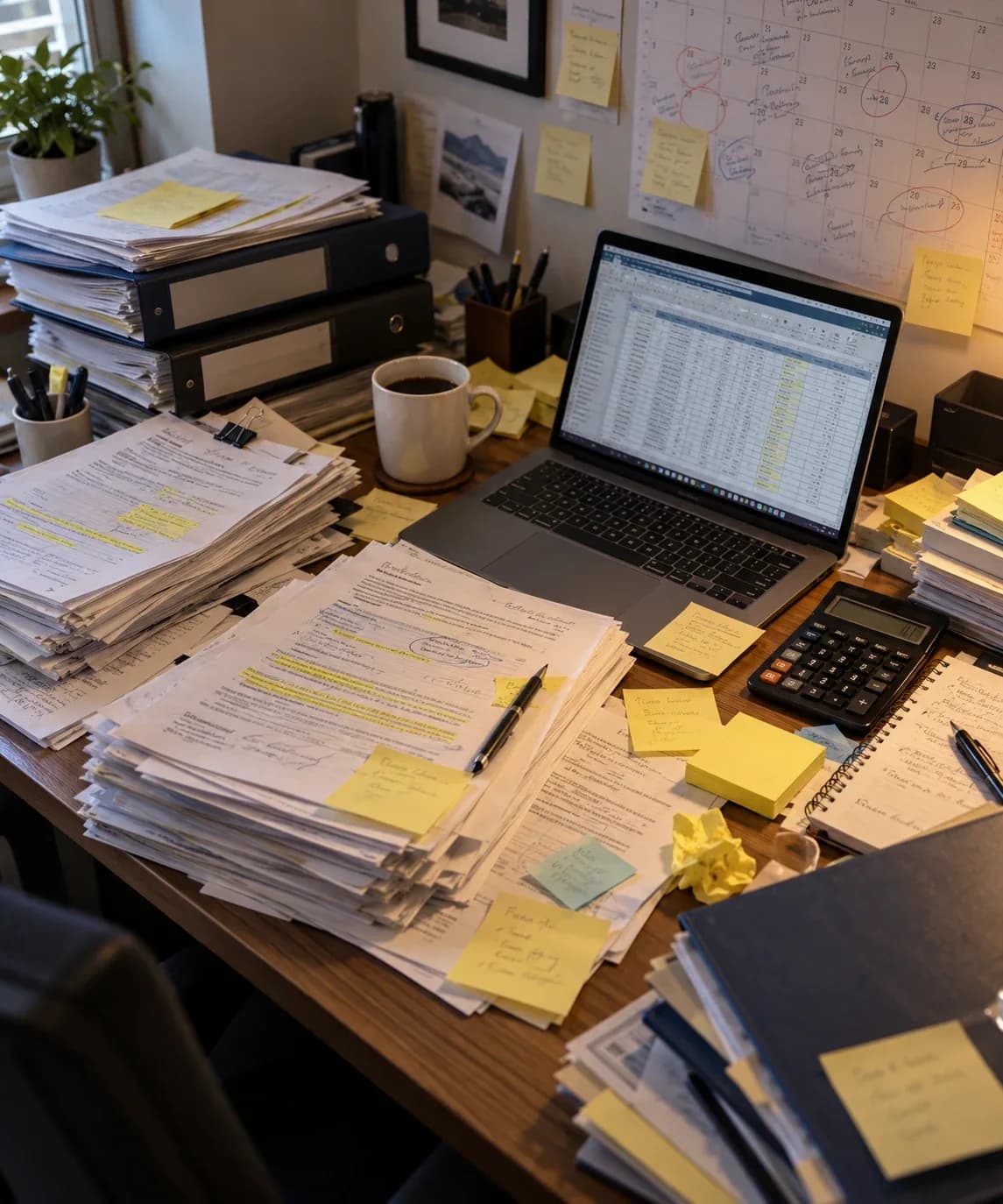 A desk covered in printed grant agreements, binders, sticky notes, and an open spreadsheet